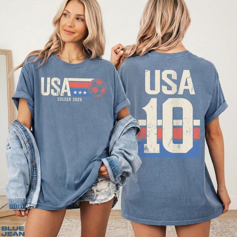 Retro Distressed USA Soccer Tee, Front & Back Print 2026 USA Football Oversized T-shirt