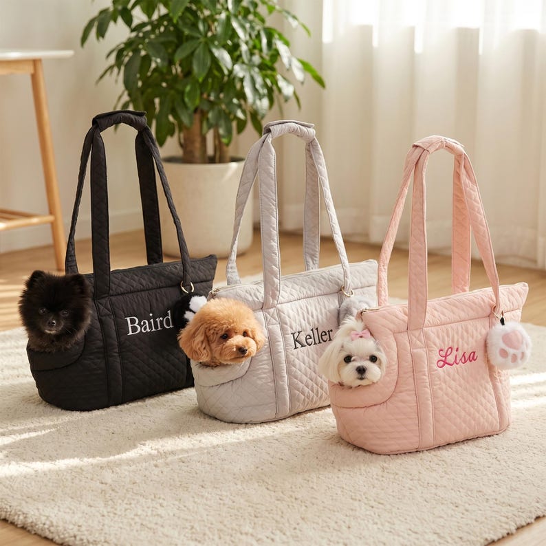 Personalized Embroidered Pet Carrier Tote Bag, Custom Name Quilted Dog Travel Handbag