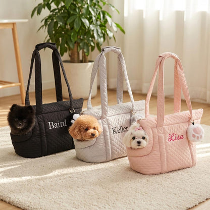 Personalized Embroidered Pet Carrier Tote Bag, Custom Name Quilted Dog Travel Handbag