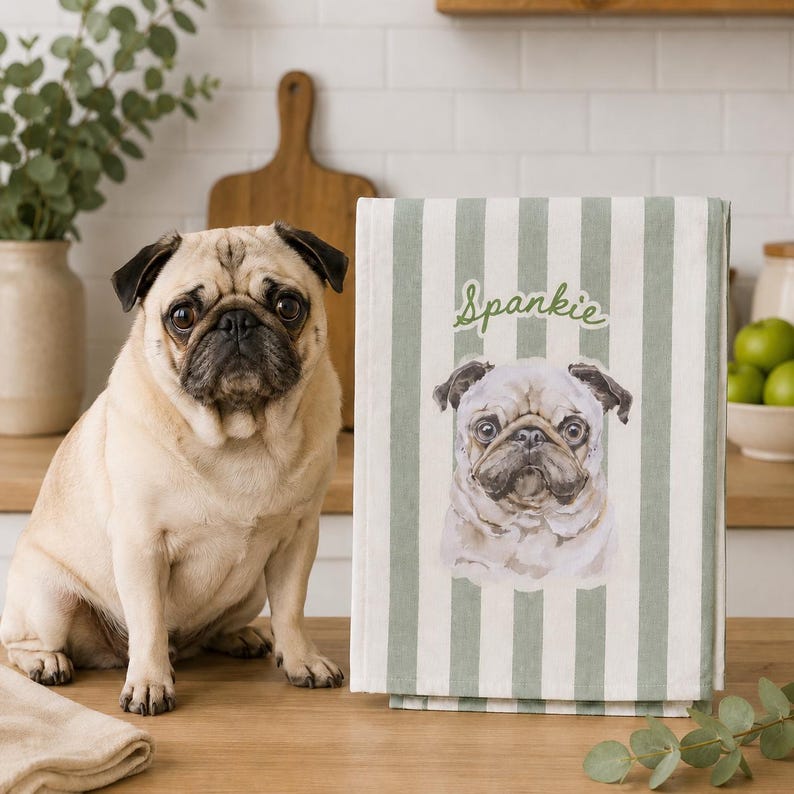 Custom Name Pet Portrait Striped Kitchen Towel