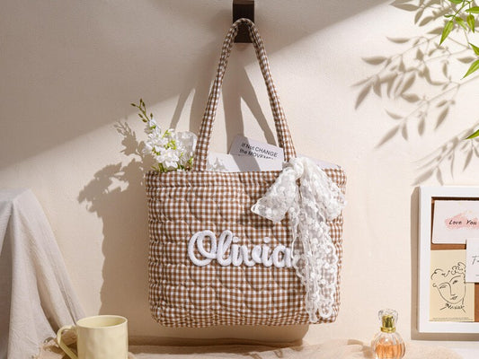 Personalized Quilted Gingham Bow Tote Bag