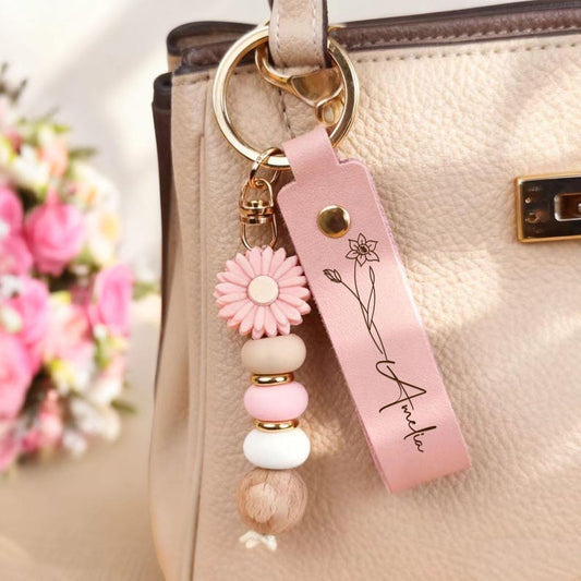 Personalized Leather Beaded Flower Wristlet Keychain