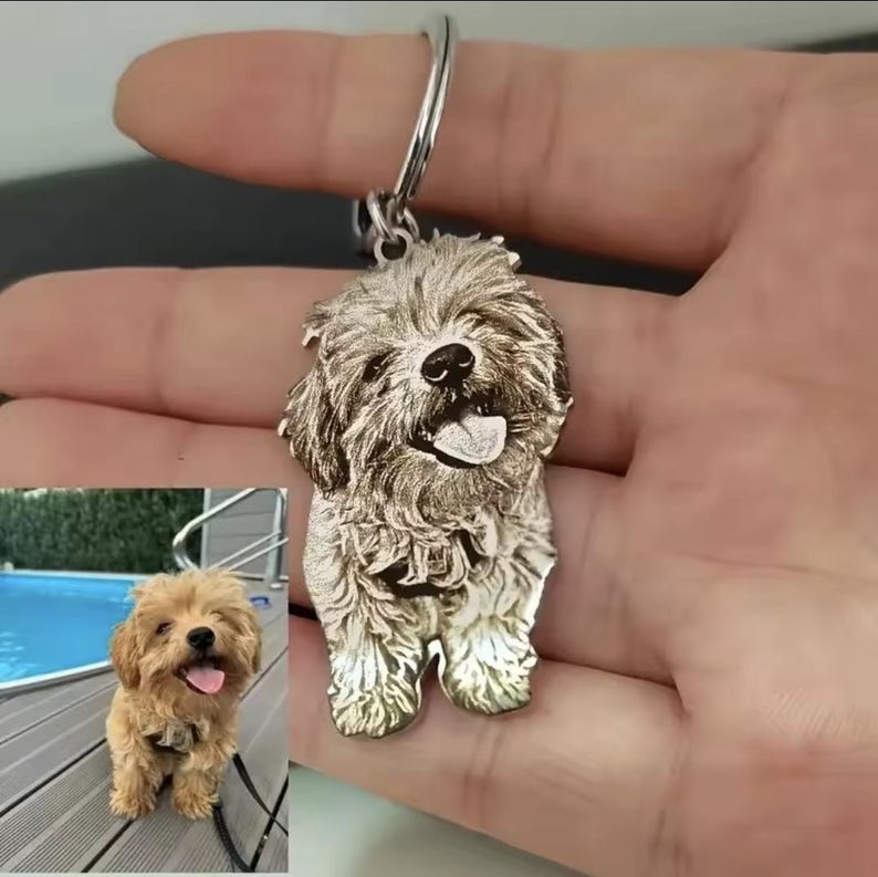 Custom Engraved Pet Photo Keychain | Personalized Dog Portrait Keyring