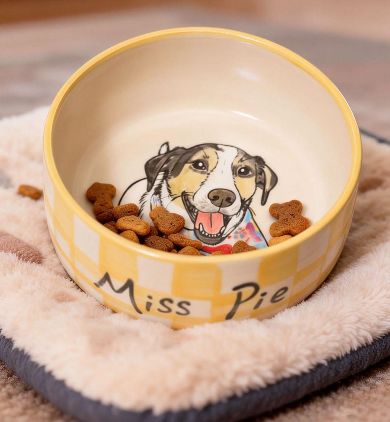 Custom Illustrated Checkered Ceramic Pet Bowl