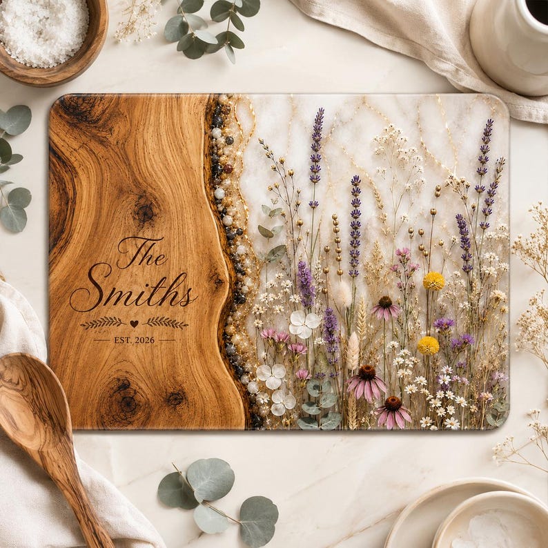 Personalized Pressed Floral Resin Cutting Board