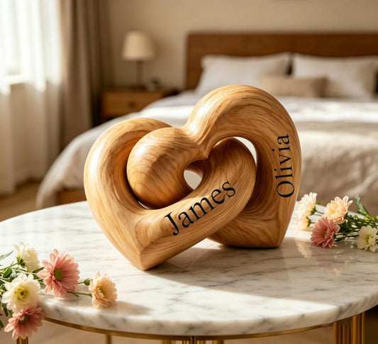 Personalized Wooden Interlocking Double Heart Sculpture