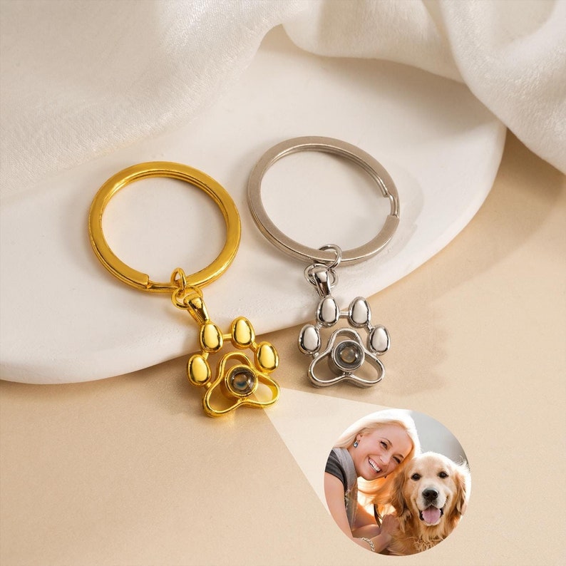 Custom Pet Photo Projection Paw Keychain, Personalized Dog Cat Picture Projection Keyring