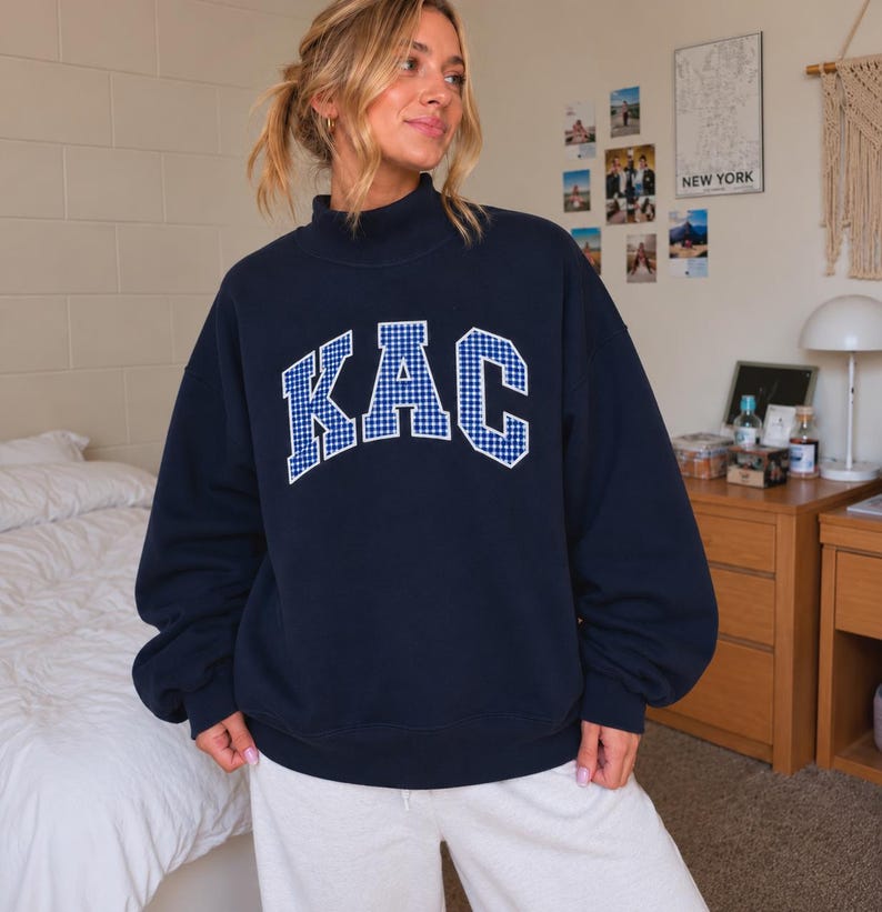 Custom Gingham Appliqué Mock Neck Sweatshirt