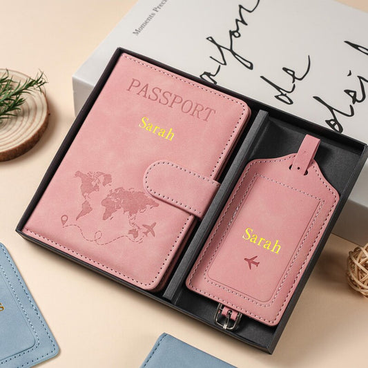 Personalized Leather Passport Holder Travel Set
