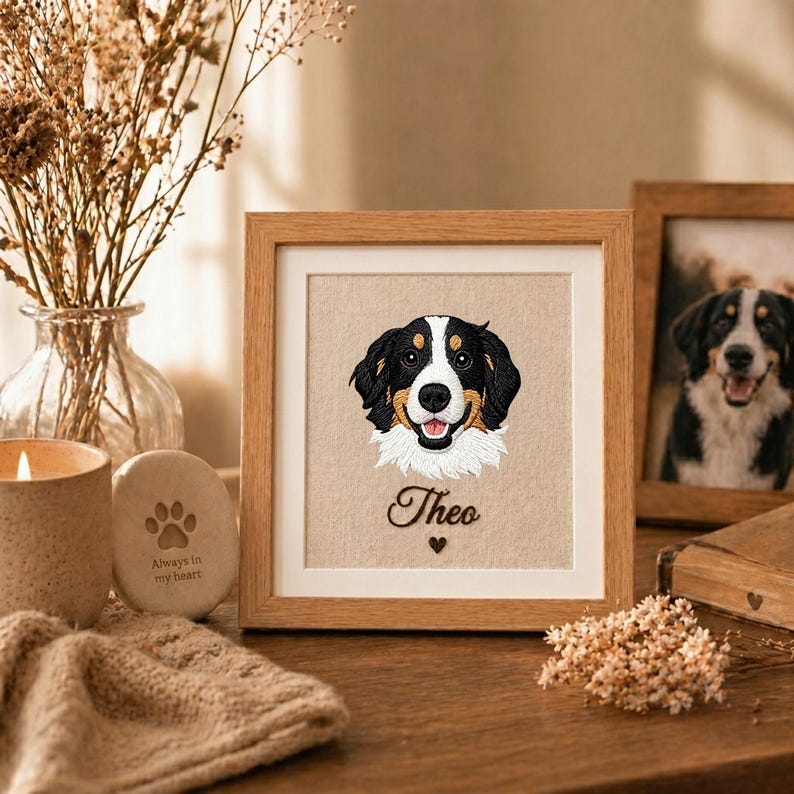Custom Pet Embroidery Framed Art Personalized Name Pet Memorial Wooden Frame