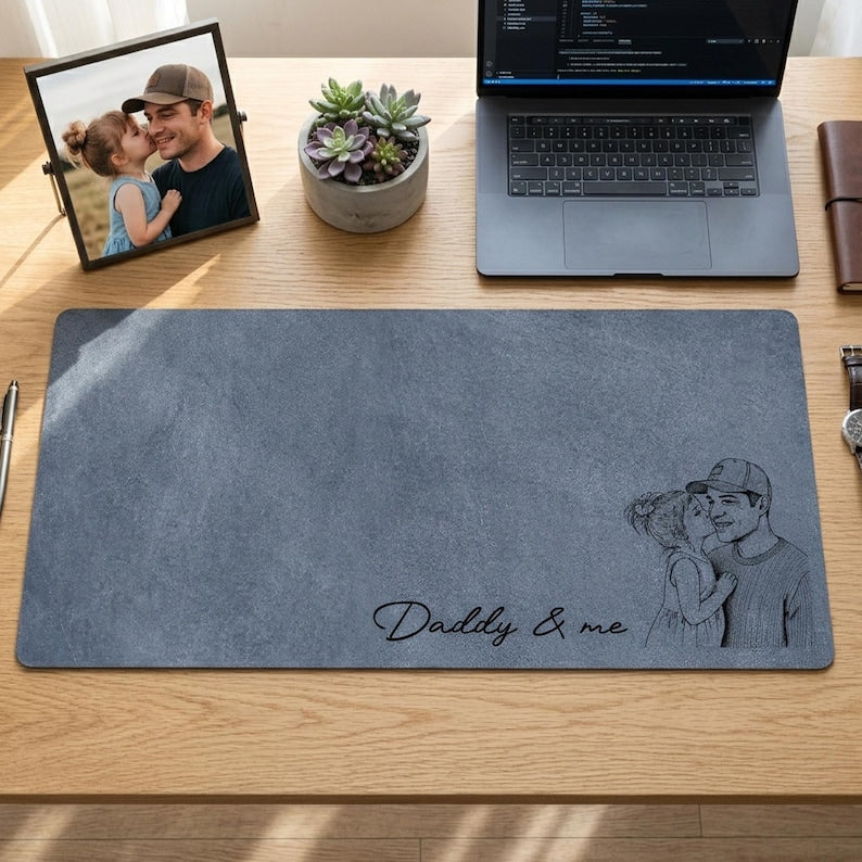Custom Slogan Photo Sketch Desk Mat, Father’s Day Gift for Dad/Grandpa