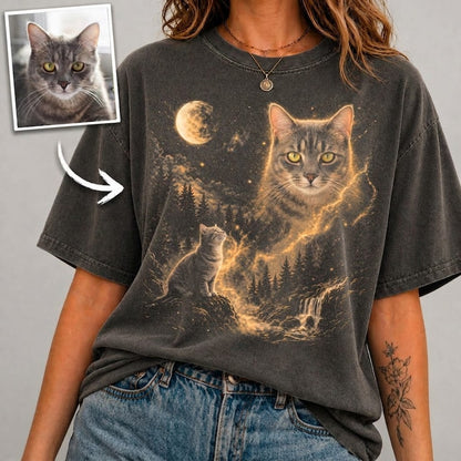 Custom Pet Portrait T-Shirt | Personalized Dog/Cat Photo Night Forest Moon Art Tee