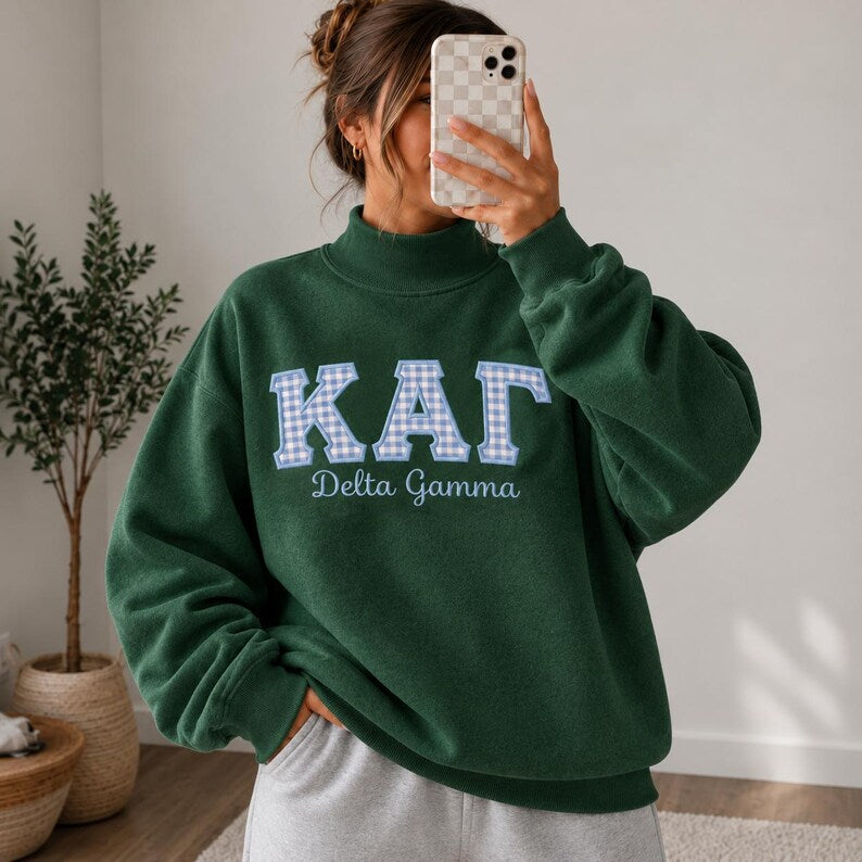 Custom Gingham Greek Letter Mock Neck
