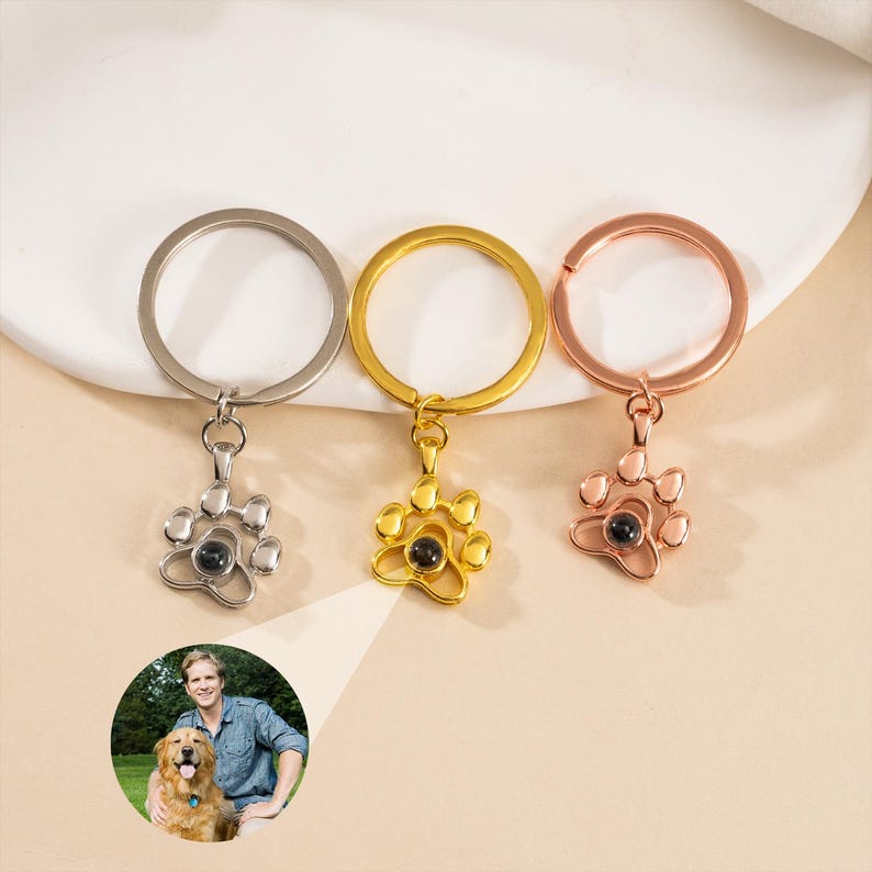 Custom Pet Photo Projection Paw Keychain, Personalized Dog Cat Picture Projection Keyring