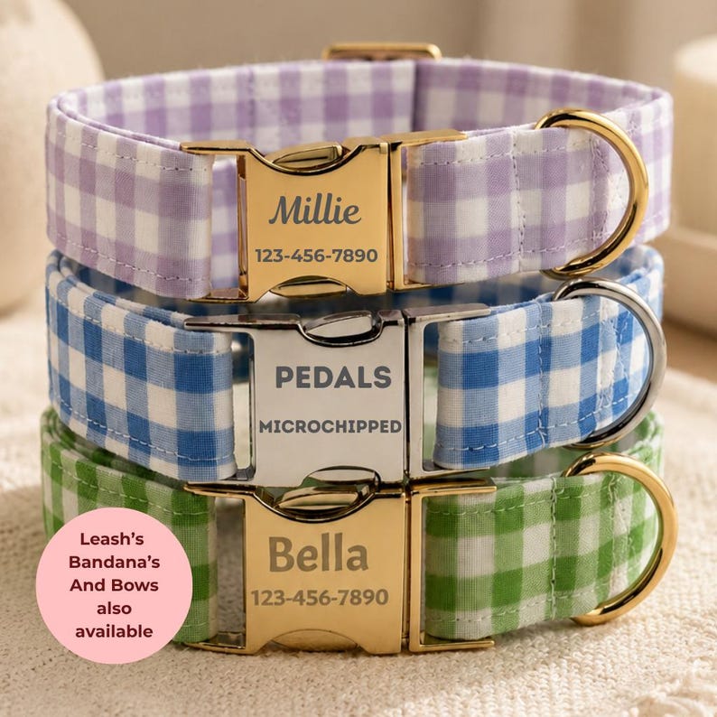 Personalized Gingham Dog Collar & Leash Set With Engraved ID Buckle