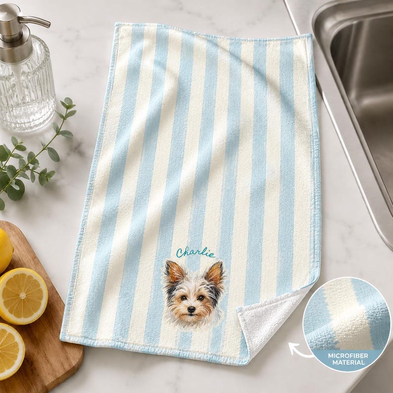 Custom Name Pet Portrait Striped Kitchen Towel