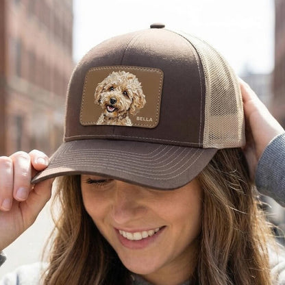 Custom Hand-Painted Oil Pet Portrait Leather Patch Trucker Hat