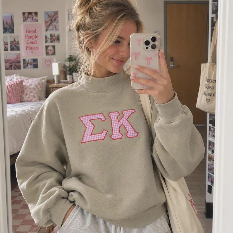 Custom Gingham Appliqué Mock Neck Sweatshirt