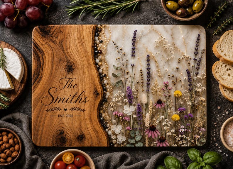 Personalized Pressed Floral Resin Cutting Board