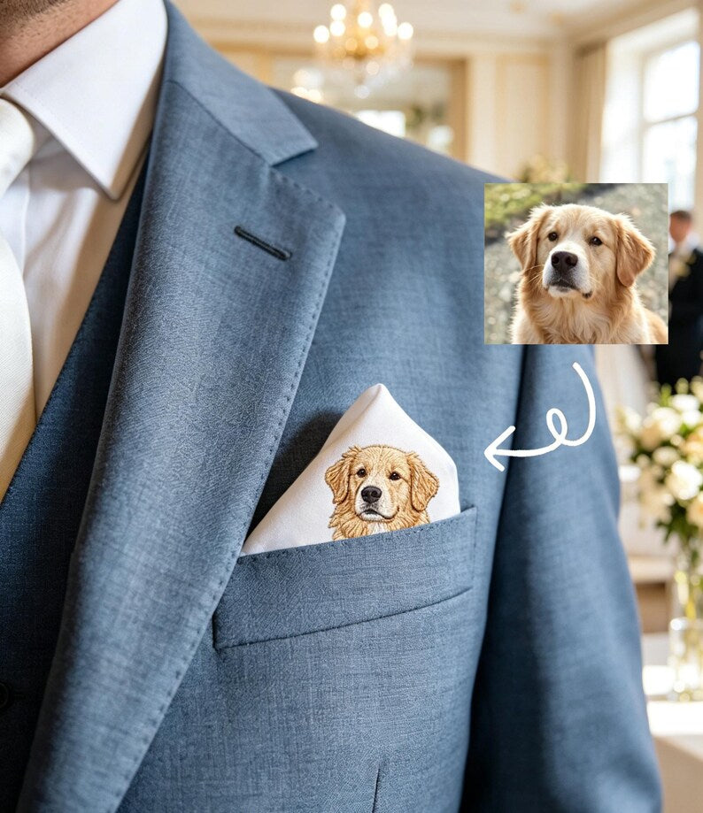 Custom Embroidered Pet Portrait Pocket Square, Personalized Dog Cat Photo Suit Handkerchief