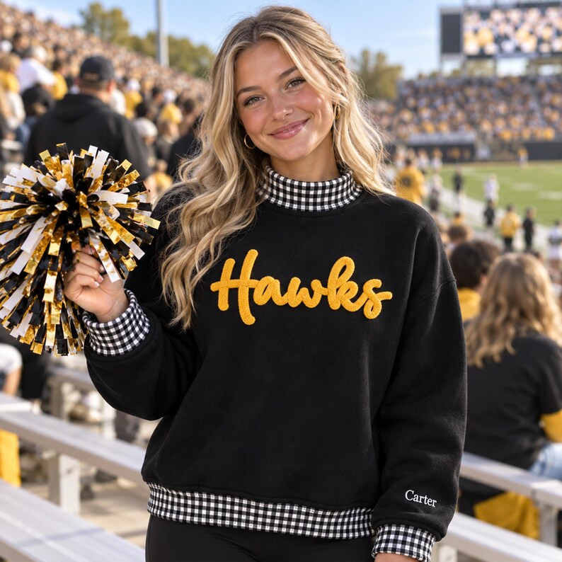 Custom Chenille Script Gingham Mock Neck