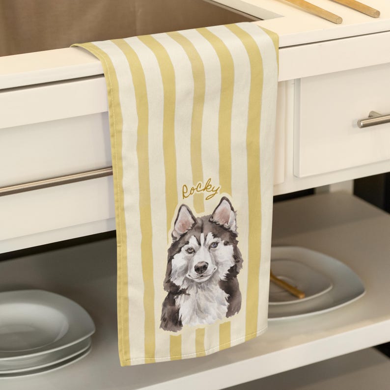 Custom Name Pet Portrait Striped Kitchen Towel