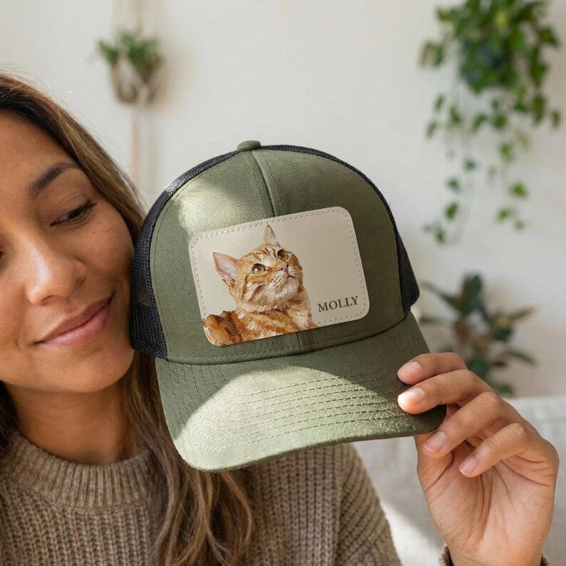 Custom Pet Portrait Leather Patch Trucker Hat
