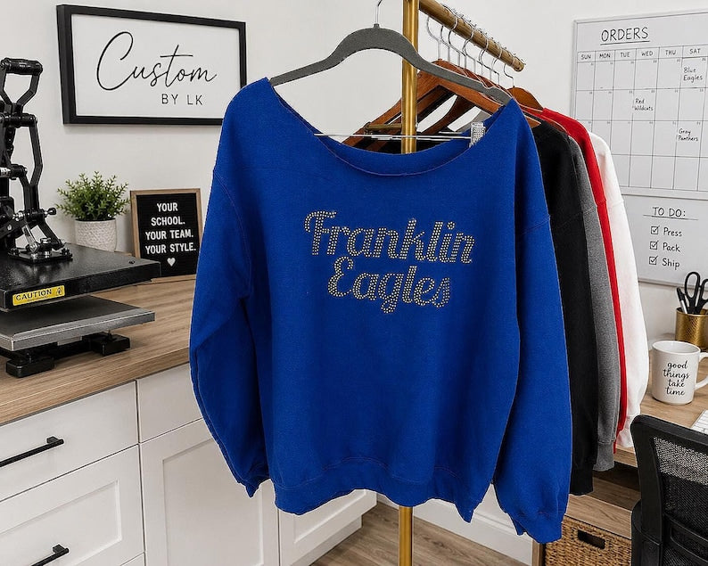 Custom Rhinestone Off-Shoulder Sweatshirt
