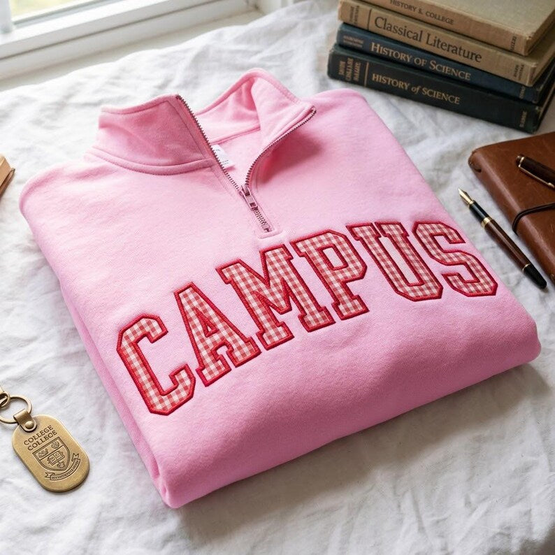 Custom Gingham Appliqué Quarter-Zip Fleece Pullover