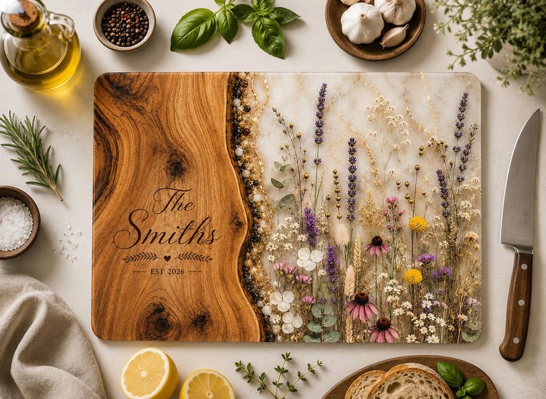 Personalized Pressed Floral Resin Cutting Board