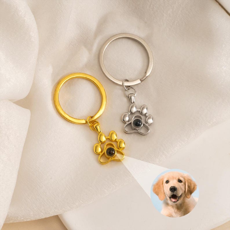 Custom Pet Photo Projection Paw Keychain, Personalized Dog Cat Picture Projection Keyring