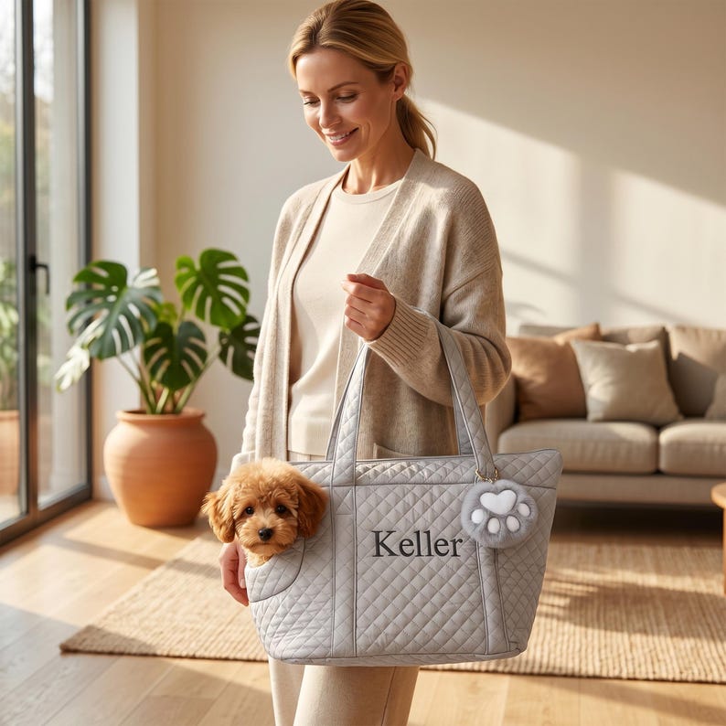 Personalized Embroidered Pet Carrier Tote Bag, Custom Name Quilted Dog Travel Handbag