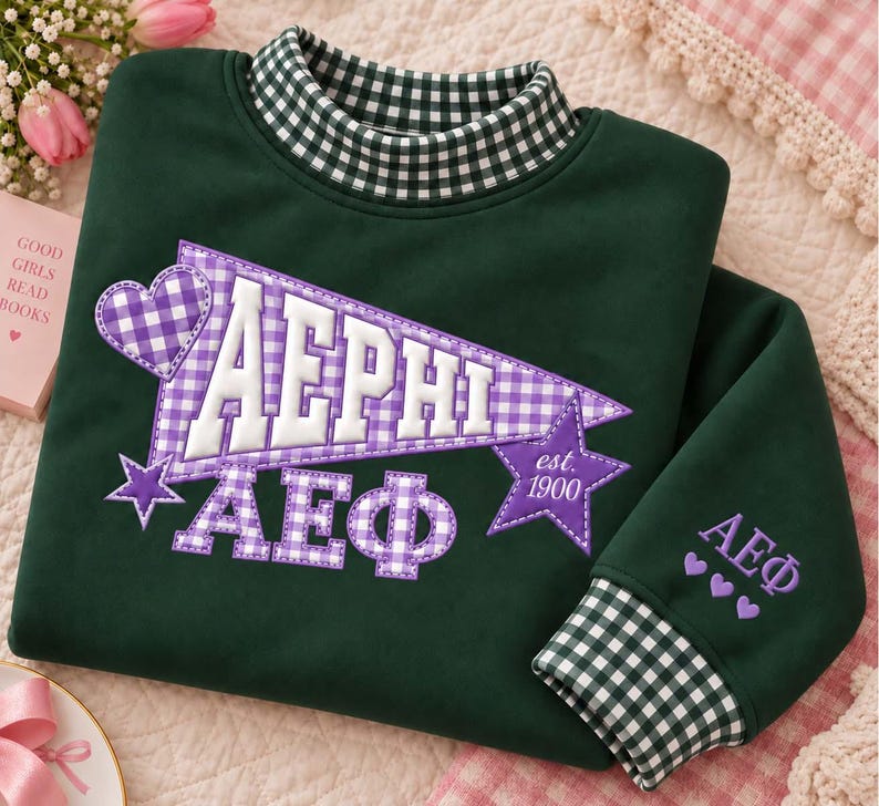 Custom Gingham Trim Embroidered Mock Neck
