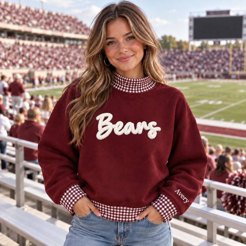 Custom Chenille Script Gingham Mock Neck