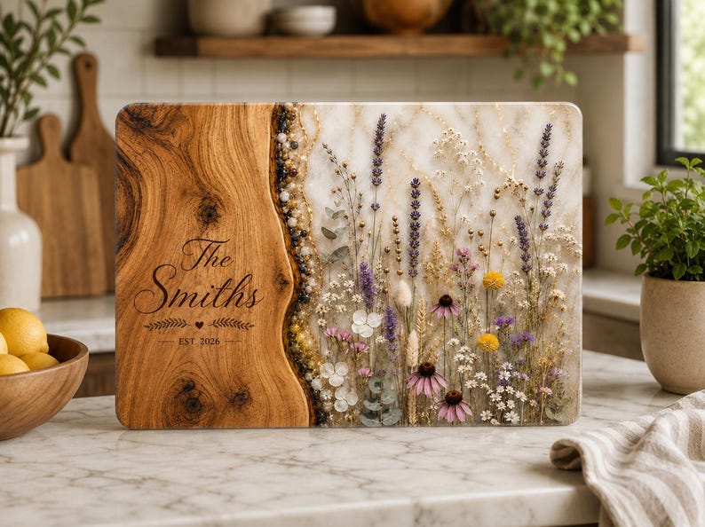 Personalized Pressed Floral Resin Cutting Board