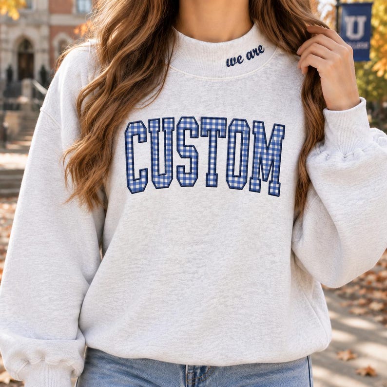 Custom Embroidered Collar Gingham Mock Neck