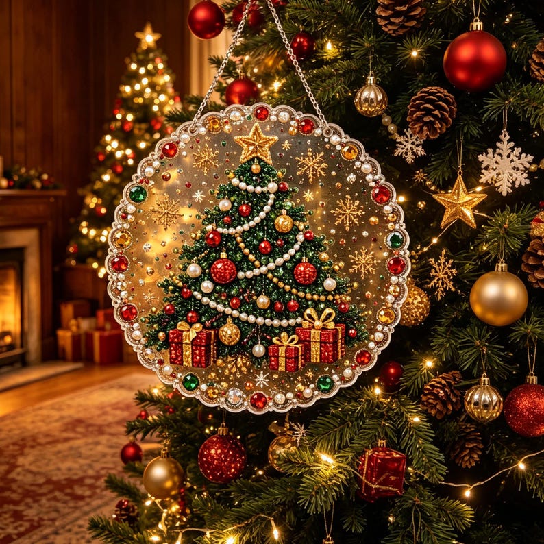 Beaded Crystal Christmas Tree Suncatcher Set