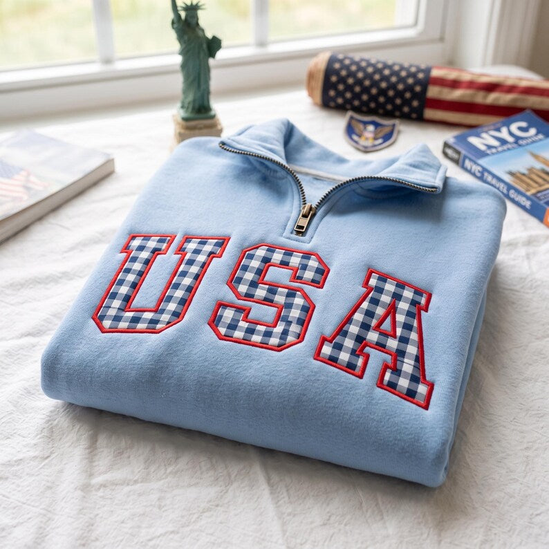 Custom Gingham Appliqué Quarter-Zip Fleece Pullover