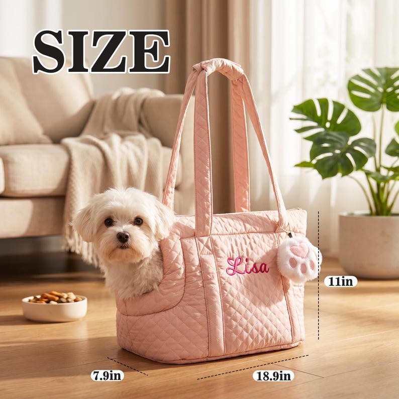 Personalized Embroidered Pet Carrier Tote Bag, Custom Name Quilted Dog Travel Handbag