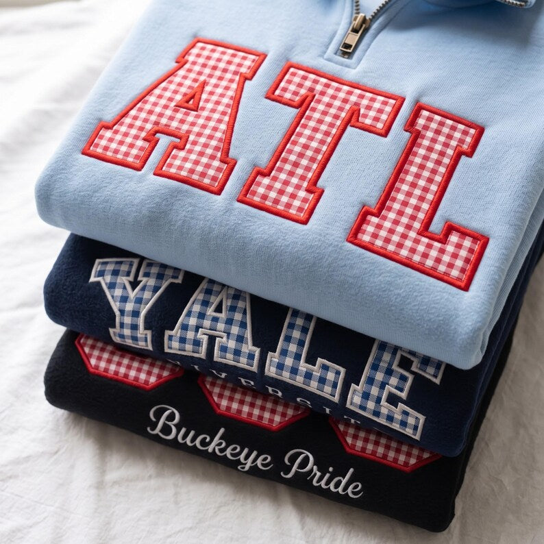Custom Gingham Appliqué Quarter-Zip Fleece Pullover
