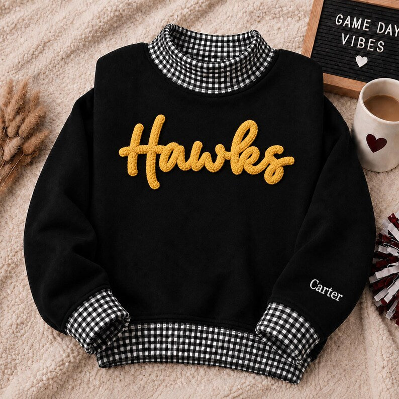 Custom Chenille Script Gingham Mock Neck
