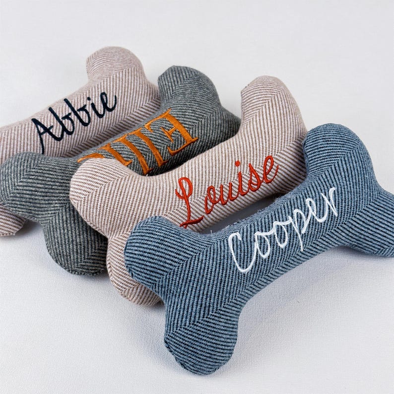 Custom Name Embroidered Stuffed Bone Squeaky Dog Toy