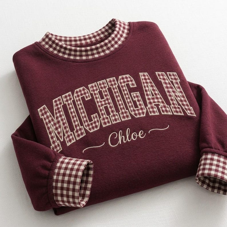 Custom Gingham Trim Varsity Embroidered Sweatshirt