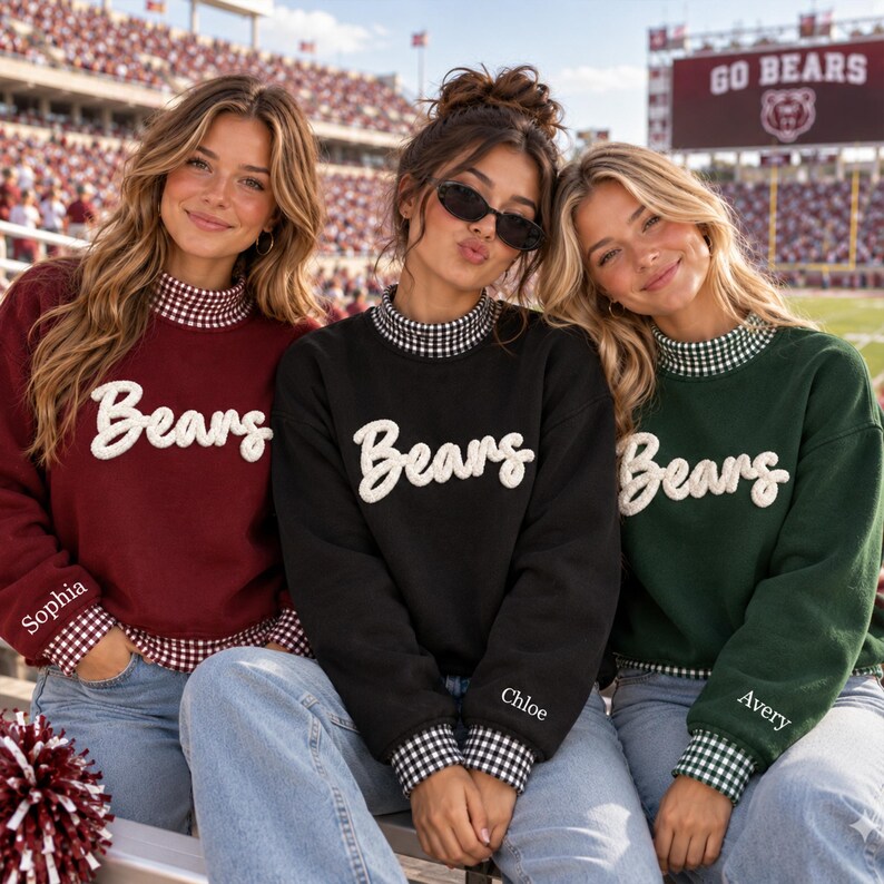 Custom Chenille Script Gingham Mock Neck
