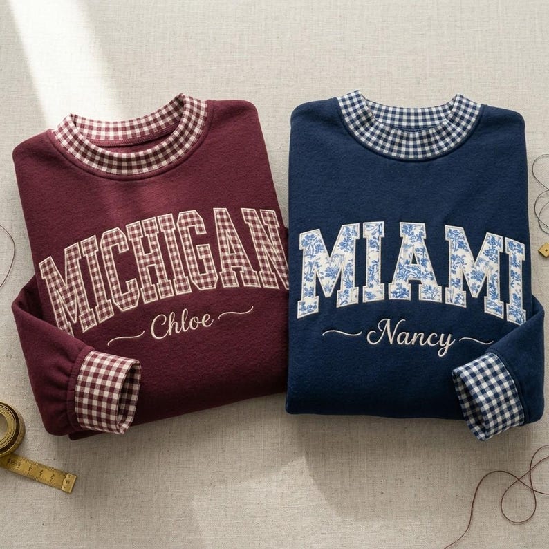 Custom Gingham Trim Varsity Embroidered Sweatshirt