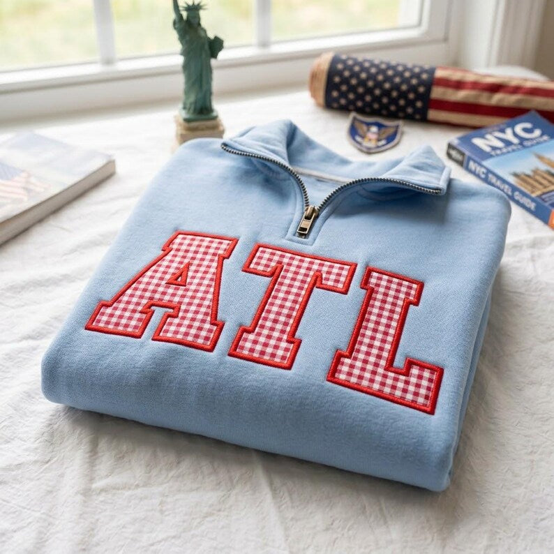 Custom Gingham Appliqué Quarter-Zip Fleece Pullover