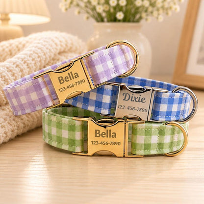 Personalized Gingham Dog Collar & Leash Set With Engraved ID Buckle