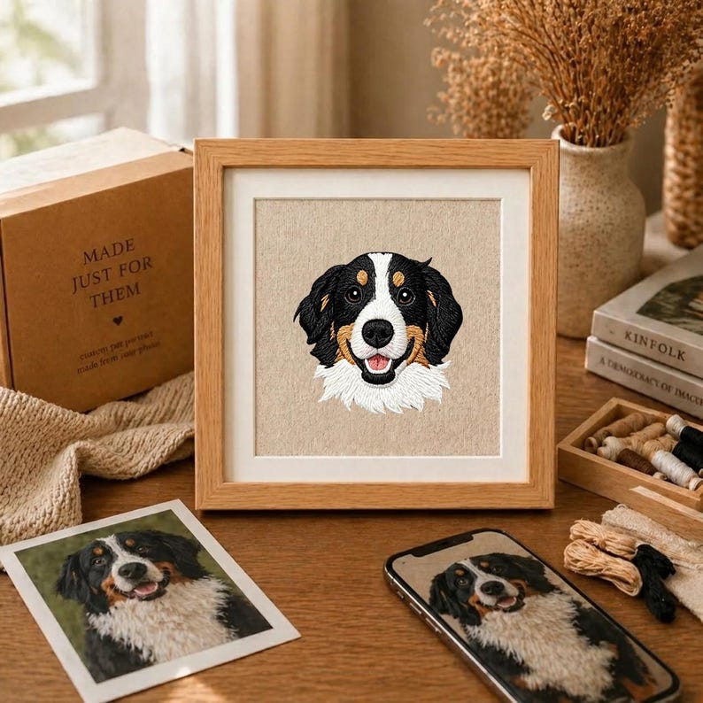 Custom Pet Embroidery Framed Art Personalized Name Pet Memorial Wooden Frame