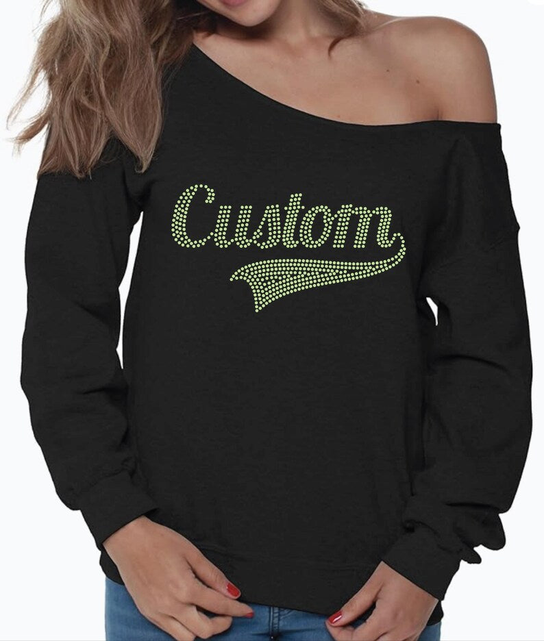 Custom Rhinestone Off-Shoulder Sweatshirt