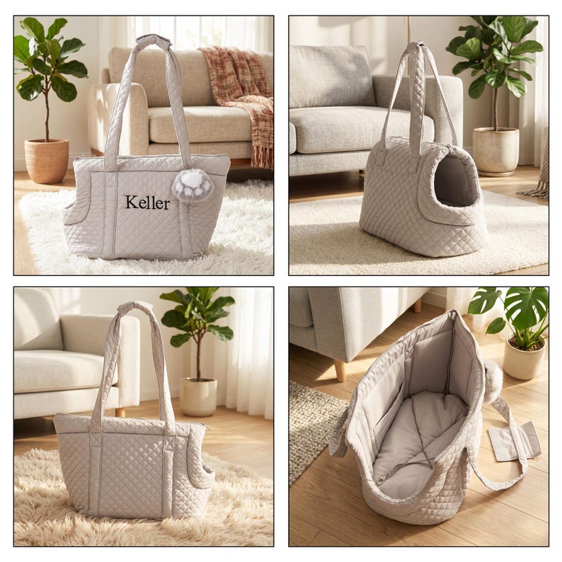 Personalized Embroidered Pet Carrier Tote Bag, Custom Name Quilted Dog Travel Handbag